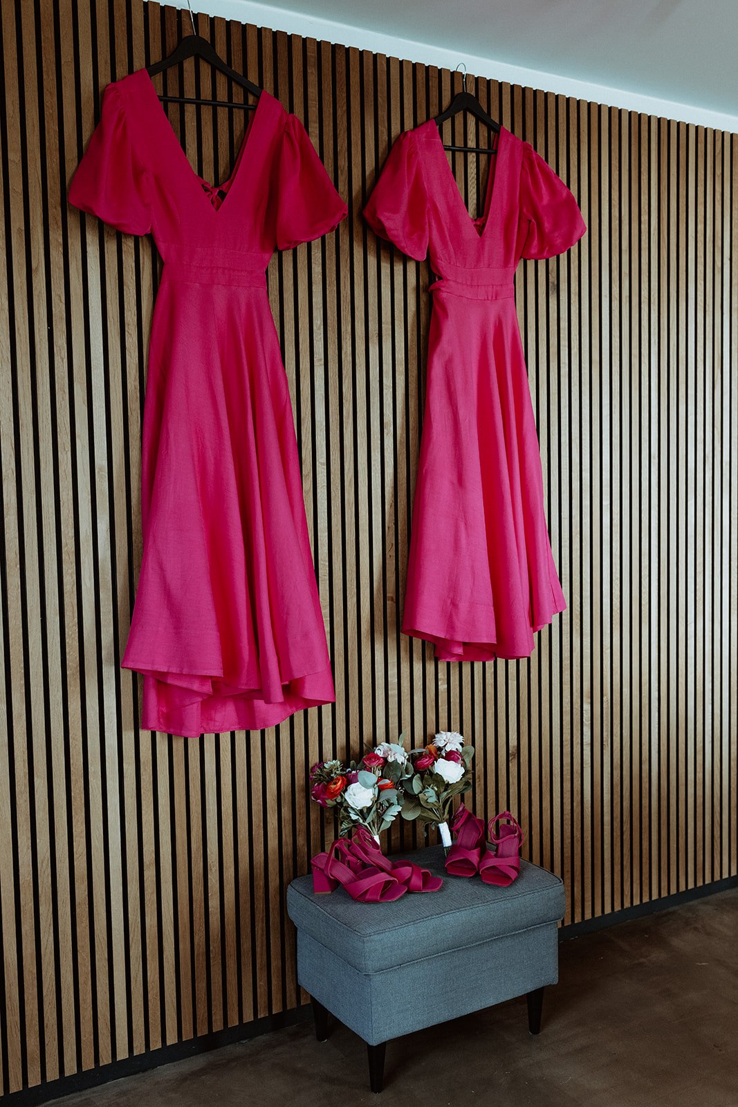 Close-up of bridesmaids in pink dresses, showcasing the elegant and stylish look for a modern wedding celebration.