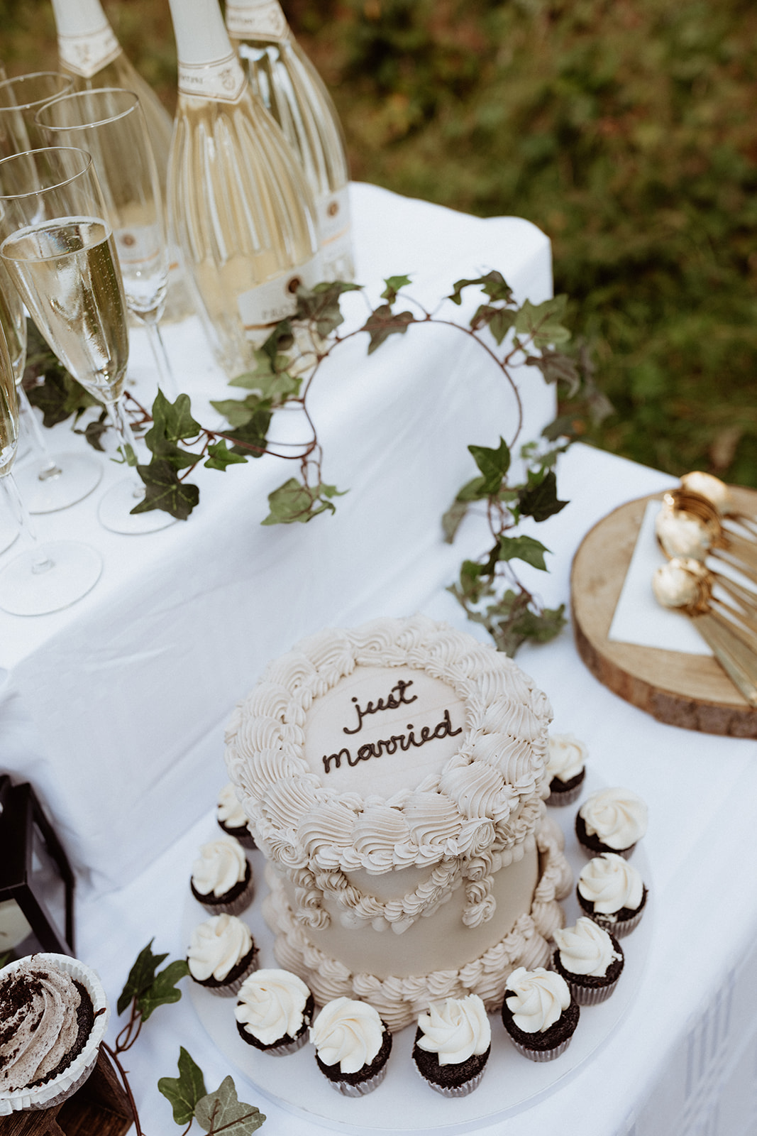 Elegant 'Just Married' cake for the bride and groom at their Iceland elopement celebration, set at Thornsteins Grove