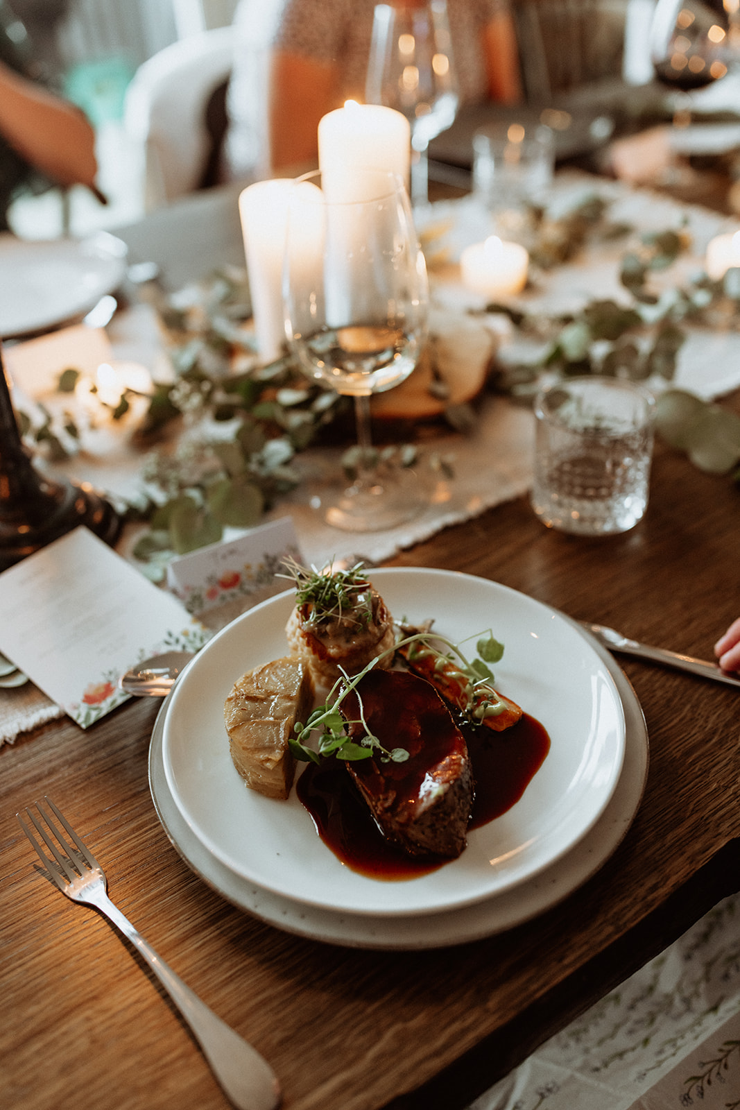 Close-up of another stunning dish served during the intimate elopement celebration at Eirð Retreat, capturing the art of fine dining