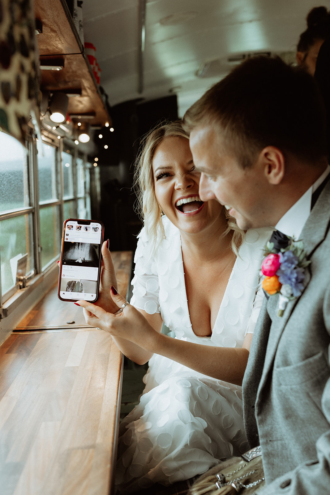 Skool Beans, the converted school bus café, offers a cozy respite with warm drinks as the couple embraces the rugged Icelandic landscape.