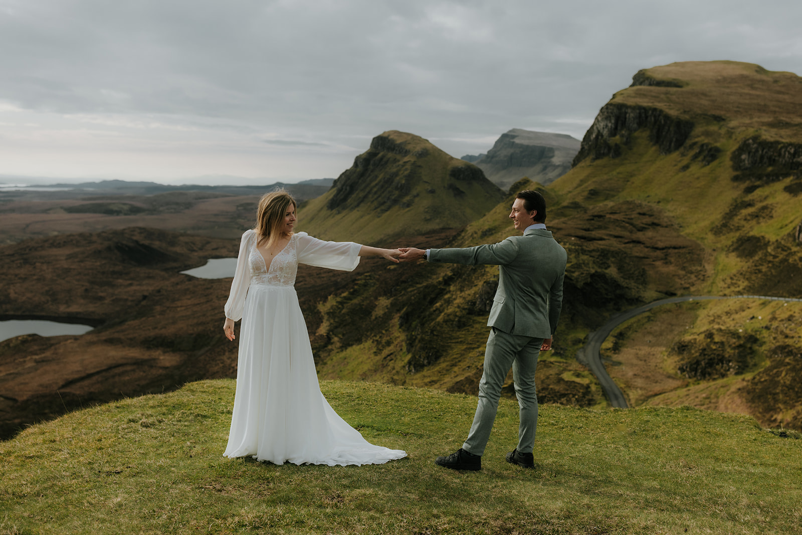 Romantic couple portraits taken at the Quiraing during Isle of Skye elopement