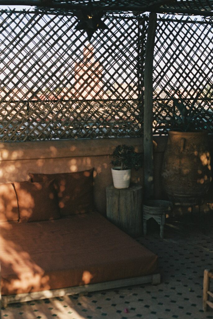 Rooftop seating area at a Marrakesh riad, captured on 35mm film