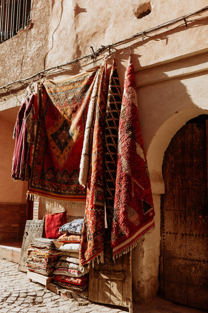 Moroccan rugs hanging in Marrakesh Medina