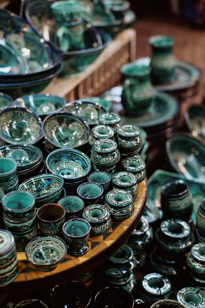 Green Moroccan pottery bowls in Marrakesh market